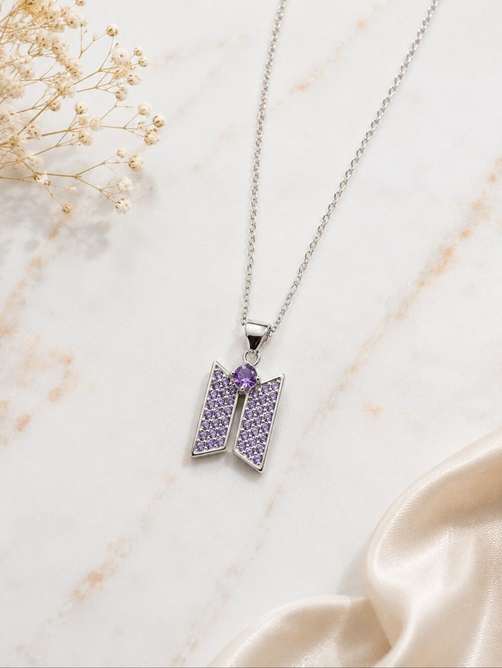 BTS Inspired Purple Crystal Logo Necklace Kpop ARMY Fan Jewelry Silver Tone